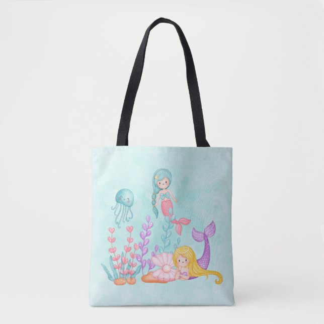 Bolsa Tote Sereias e medusas sob a aquarela marítima (Frente)