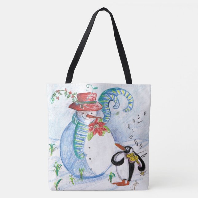 BOLSA TOTE SERENADE DE INVERNO DE SNOWMAN E PENGUIN (Frente)