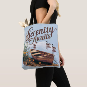 Bolsa Tote Serene Lake Boat com gansos e flores selvagens