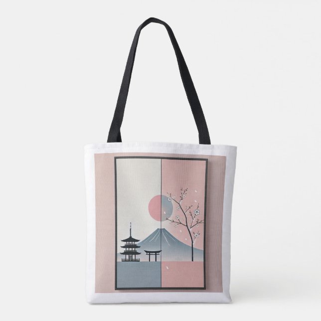 Bolsa Tote Serene Mount Fuji e Cherry Blossom Ink Art (Verso)