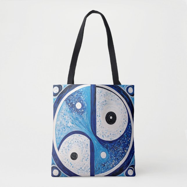 Bolsa Tote Serenidade Geométrica: Yin Yang Azul e Branco (Frente)