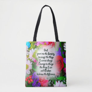Bolsa Tote Serenity Prayer escrito no centro do Buquê