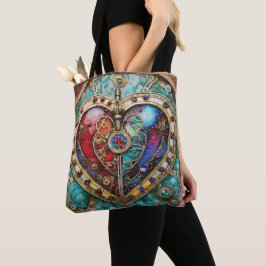 Bolsa Tote Série Steampunk de Coração de Vidro Vermelho e Azu
