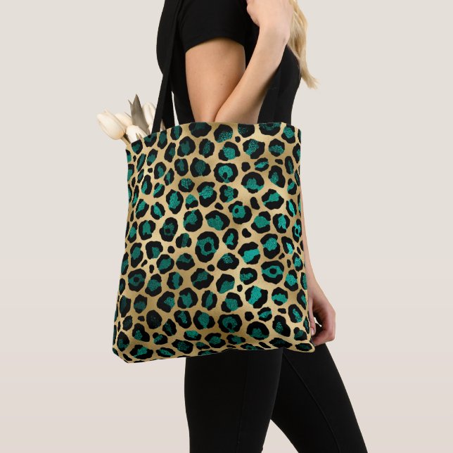 Bolsa Tote Série Teal e Gold Leopard Design 14 (Close Up)