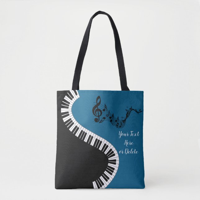 Bolsa Tote Seu nome/Cor Blue Treble Clef Piano Chaves Música (Frente)