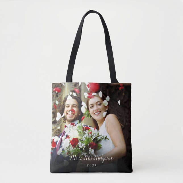 Bolsa Tote Seu Nome do Script de Fotos de Casamento Favoritas (Frente)