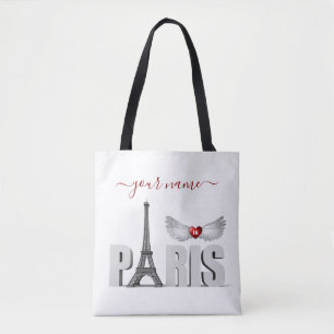 Bolsa Tote Seu nome em Paris Torre Eiffel Torre Heart Wings