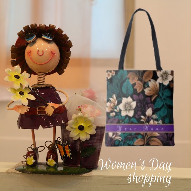 Bolsa Tote Seu Nome, Flower Plant Botanical Floral Impressão (Criador carregado)