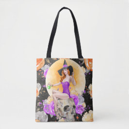 BOLSA TOTE SEXY HALLOWEEN WITCH NO CRÂNIO COM FLORES