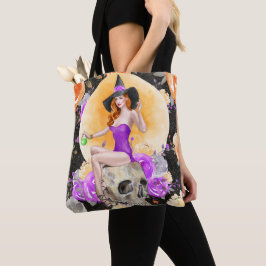 BOLSA TOTE SEXY HALLOWEEN WITCH NO CRÂNIO COM FLORES