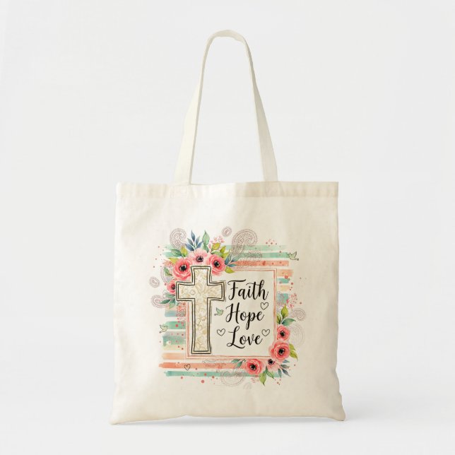 Bolsa Tote Shabby Chic floral Faith Hope Love (Frente)