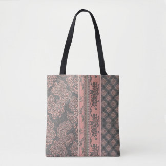 Bolsa Tote Shabby Chic Rosa Empoeirada Cinza Damask Remendo