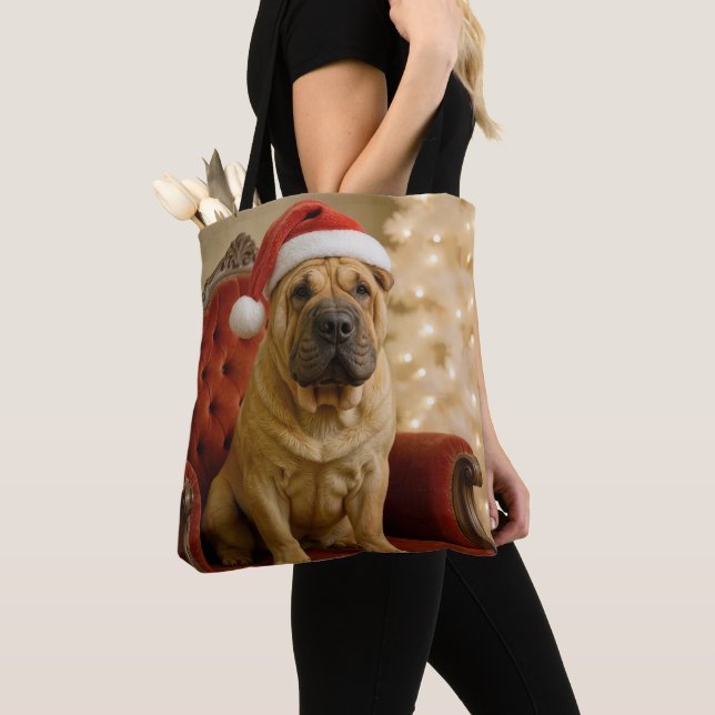 Bolsa Tote Shar-Pei de Natal com Chapéu de Papai Noel (Close Up)