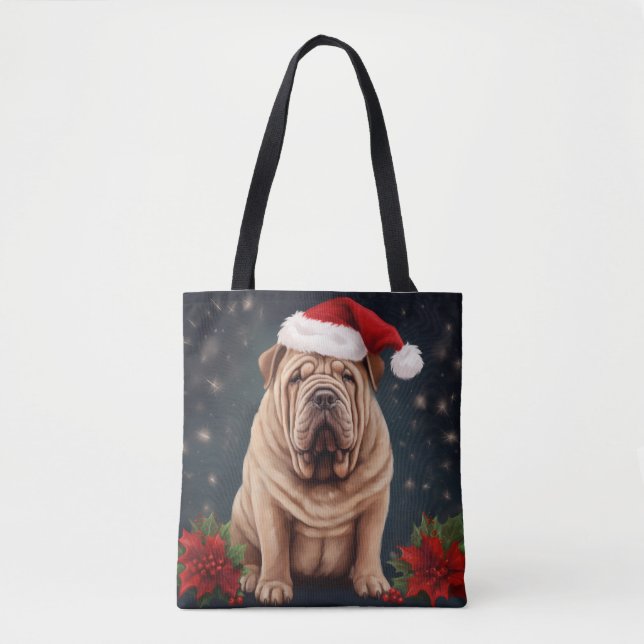Bolsa Tote Shar Pei Dog no Natal da Neve (Frente)