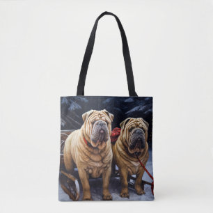 Bolsa Tote Shar Pei Snowy Sleigh Decência de Natal