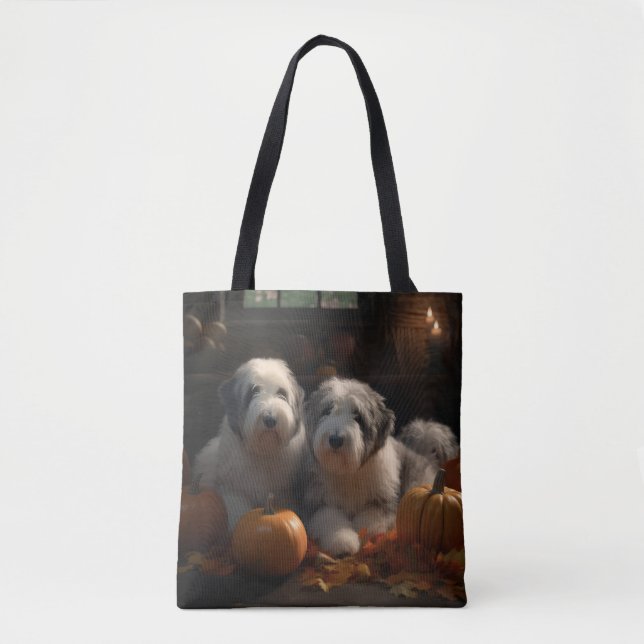 Bolsa Tote Sheepdog Inglês Puppy Autumn Delight Pumpkin (Frente)
