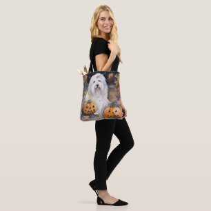 Bolsa Tote Sheepdog Inglês Velho do Dia das Bruxas com Pumpki