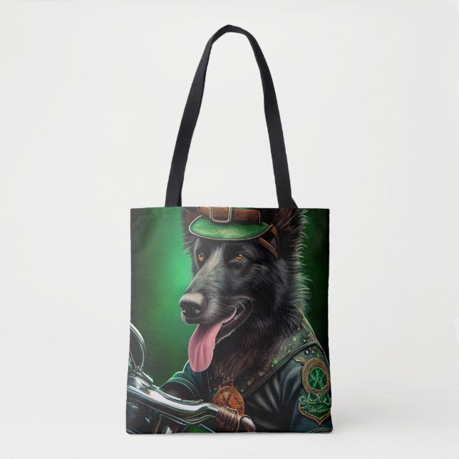 Bolsa Tote Shepherd belga dirigindo Ruas de bicicleta. Dia de (Frente)