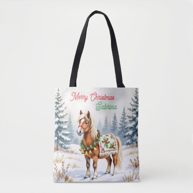 Bolsa Tote Shetland Pony e Holly Christmas personalizados (Frente)