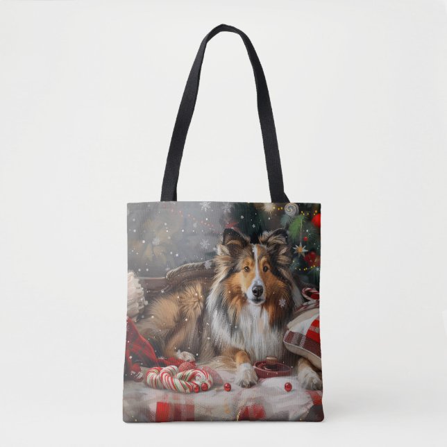 Bolsa Tote Shetland Sheepdog Natal Festivo (Frente)
