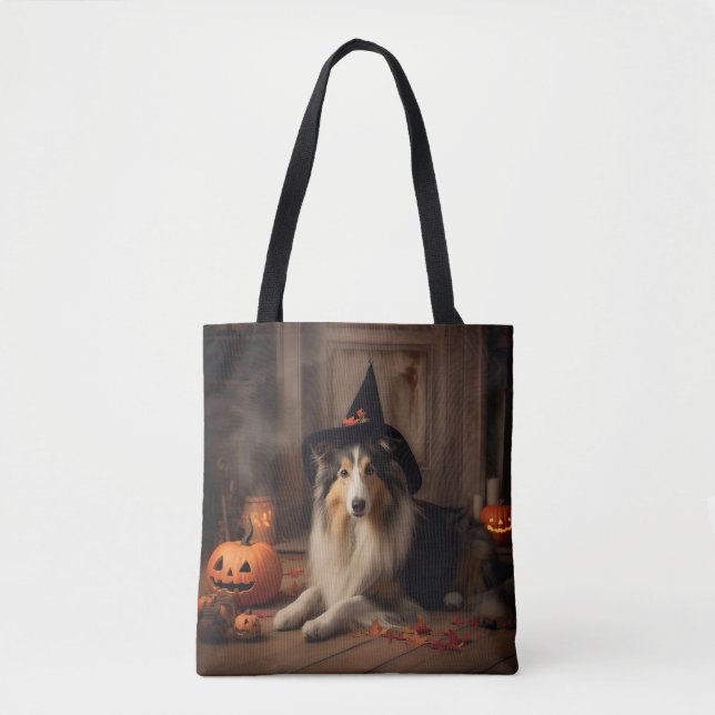 Bolsa Tote Shetland Sheepdog Pumpkins Halloween Assustado (Frente)
