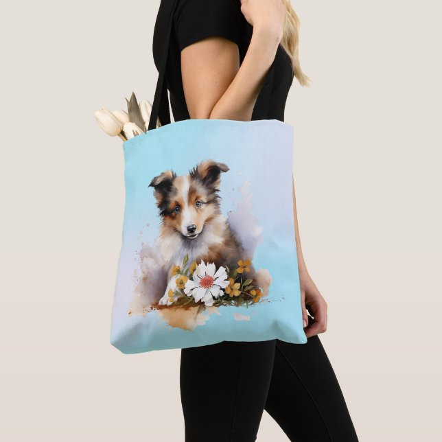 Bolsa Tote Shetland Sheepdog Puppy Pet Watercolor Fllower (Close Up)