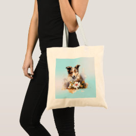 Bolsa Tote Shetland Sheepdog Puppy Pet Watercolor Fllower