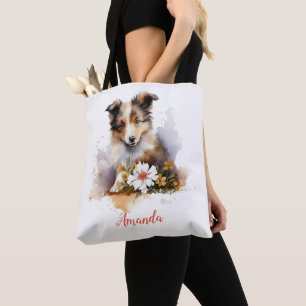 Bolsa Tote Shetland Sheepdog Puppy Pet Watercolor Fllower