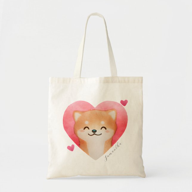 Bolsa Tote Shiba Inu Bonita em Coração (Frente)