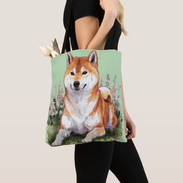 Bolsa Tote Shiba Inu Cachorro Verde Bag Aquarela Arte (Close Up)