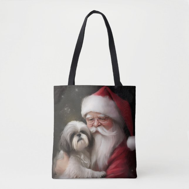Bolsa Tote Shih Tzu Com Papai Noel Natal Festivo (Frente)