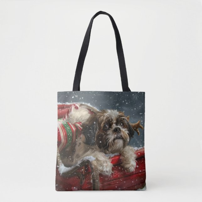 Bolsa Tote Shih Tzu Dog Natal Festivo (Frente)