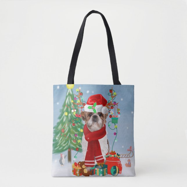 Bolsa Tote Shih Tzu Dog no Natal da Neve (Frente)