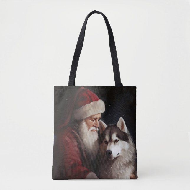 Bolsa Tote Siberian Husky com Papai Noel Natal Festivo (Frente)