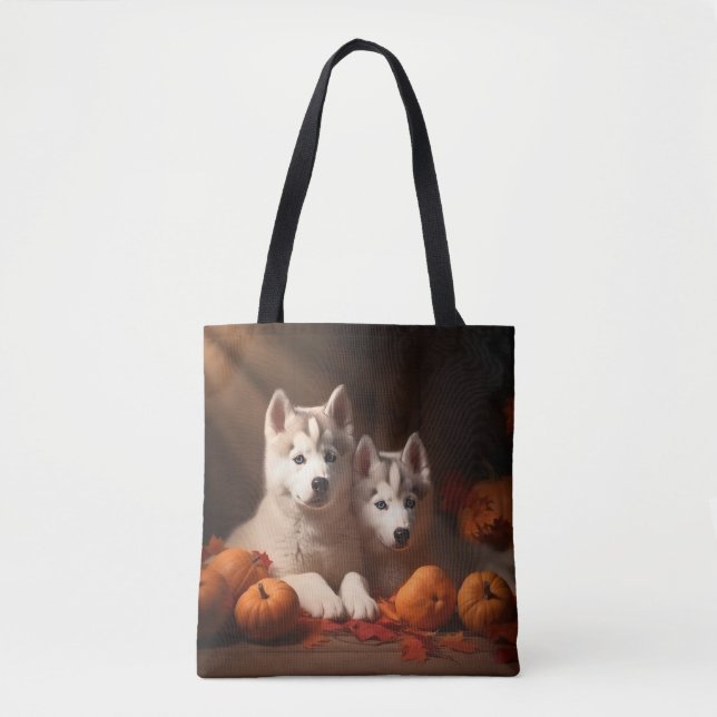 Bolsa Tote Siberian Husky Puppy Autumn Delight Pumpkin (Frente)