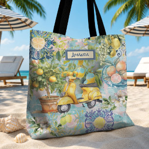 Bolsa Tote Siciliano Azul Turquesa Chic Citrino Colagem Flora