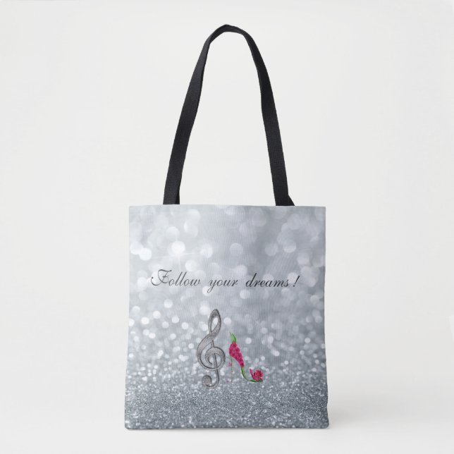 Bolsa Tote Siga seus sonhos, Glittery, Heels, Violine Key (Frente)