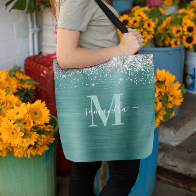 Bolsa Tote Signature Monograma Silver Glitter Aqua Teto Foil (Signature Monogram Silver Glitter Aqua Teal Foil Tote Bag)