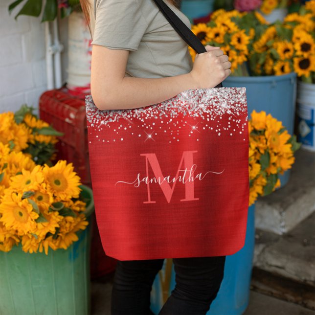 Bolsa Tote Signature Monograma Silver Glitter Red Foil (Signature Monogram Silver Glitter Red Foil Tote Bag)