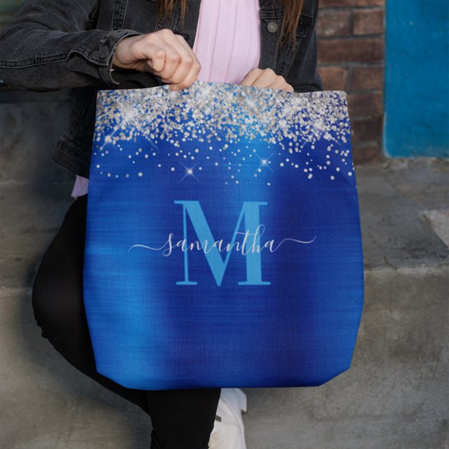 Bolsa Tote Signature Monograma Silver Glitter Royal Blue Foil (Silver Glitter Royal Blue Foil Signature Monogram Tote Bag)