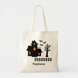 Bolsa Tote Silhueta da Casa Assombrada Preta do Halloween e N
