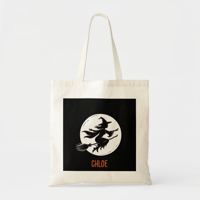 Bolsa Tote Silhueta de Bruxa, Bruxa de Halloween e Lua,  (Frente)