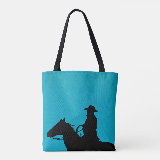 Bolsa Tote Silhueta de Cowboy e Cavalo em Turquesa (Verso)