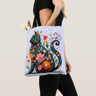 Bolsa Tote Silhueta de gato preto feita de flores coloridas
