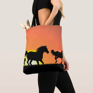 Bolsa Tote Silhueta do pôr do sol de cavalos selvagens