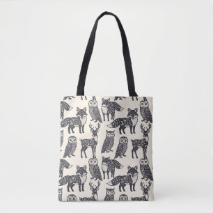 Bolsa Tote Silhueta Floral de Raposa, Veado e Coruja Arte Pop