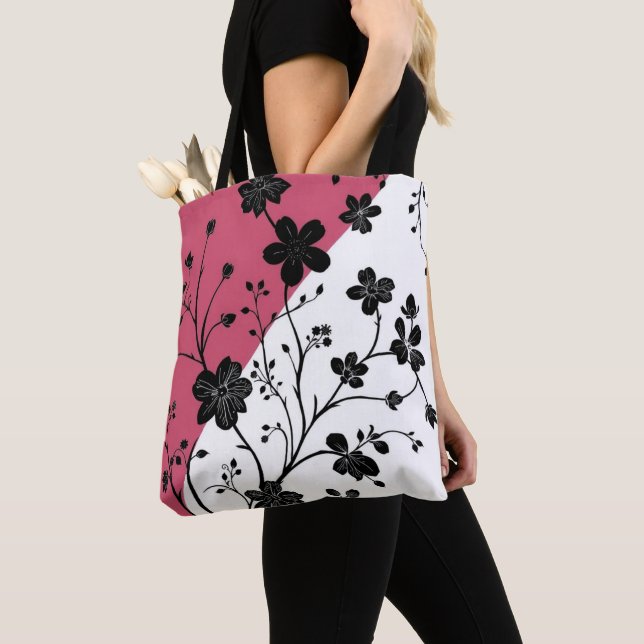 Bolsa Tote Silhueta Floral Preta Elegante a Rosa e Branco (Close Up)