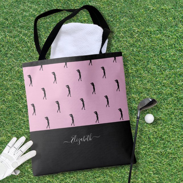 Bolsa Tote Silhueta Moderna de Golfista Personalizada Rosa Pr (Personalized Golfer Modern Silhouette Pink Black Tote Bag)