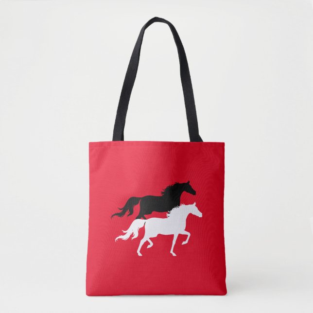 Bolsa Tote Silhuetas de cavalo preto e branco em vermelho (Frente)