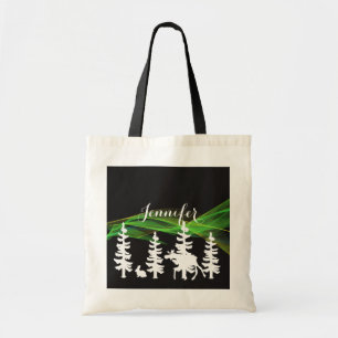 Bolsa Tote Silhuetas florestais em luzes nortes brancas preta